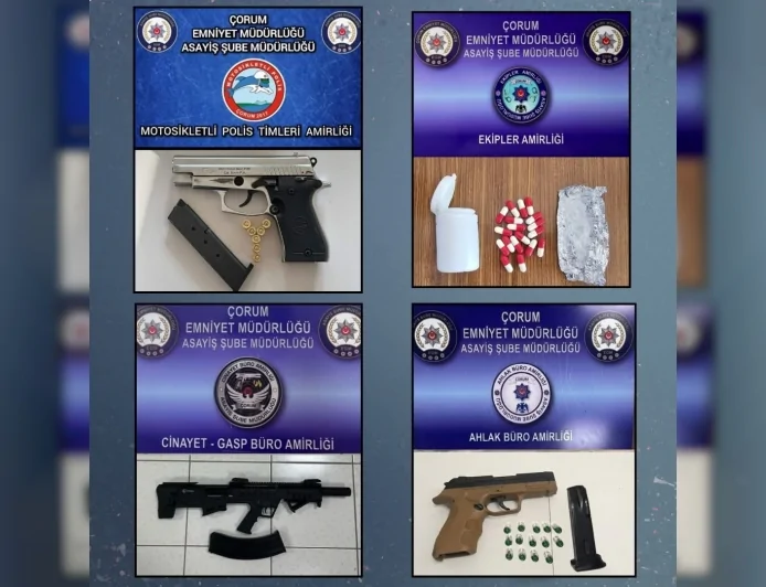 ÇORUM’DA ASAYİŞ UYGULAMASI: 2 BİN 957 ŞAHIS SORGULANDI, UYUŞTURUCU VE SİLAHLAR ELE GEÇİRİLDİ