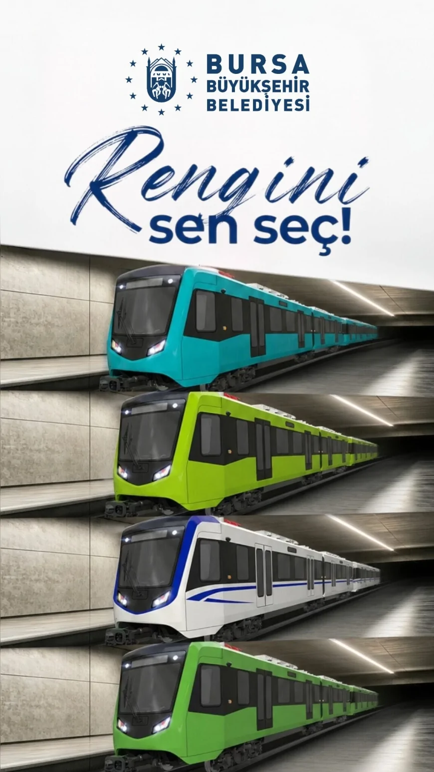 Bursa Büyükşehir Belediyesi yeni hafif raylı sistem araçlarının renk seçimini vatandaşların oyuna sundu
