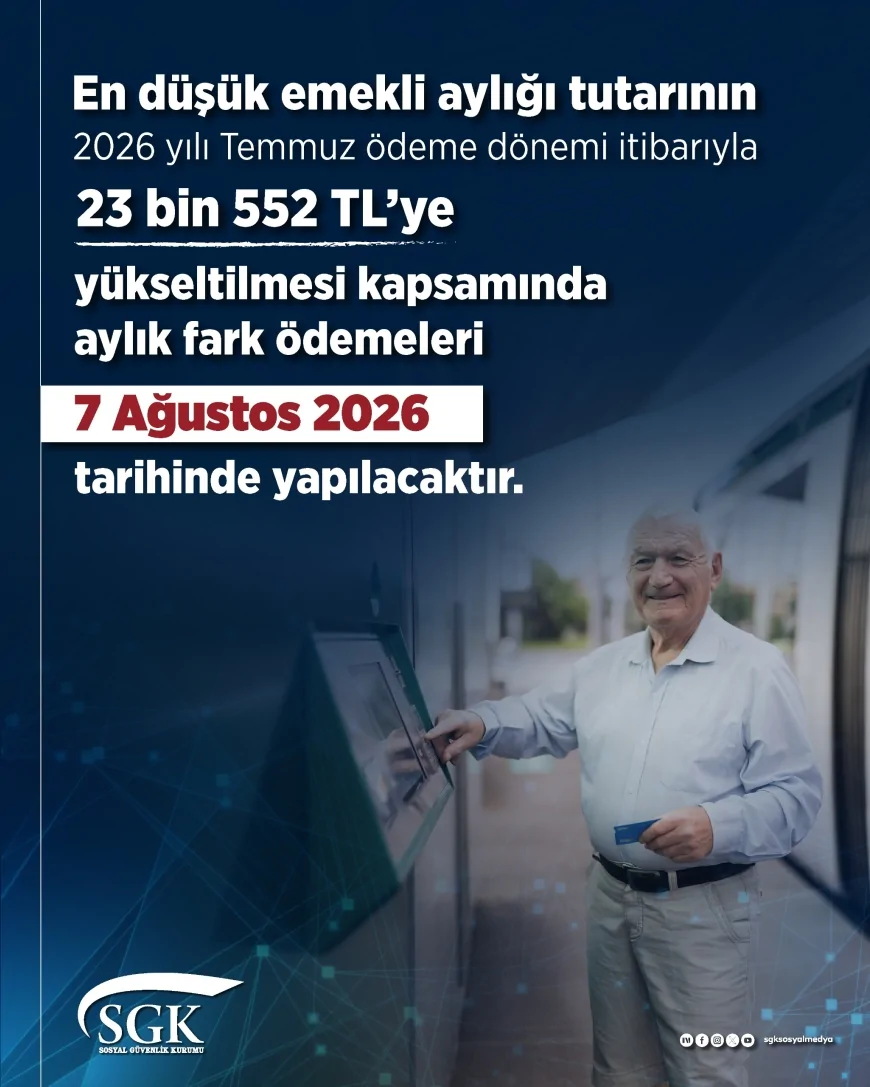 Sosyal Güvenlik Kurumu en düşük emekli aylığı fark ödemelerinin 7 Ağustos 2026'da yapılacağını açıkladı