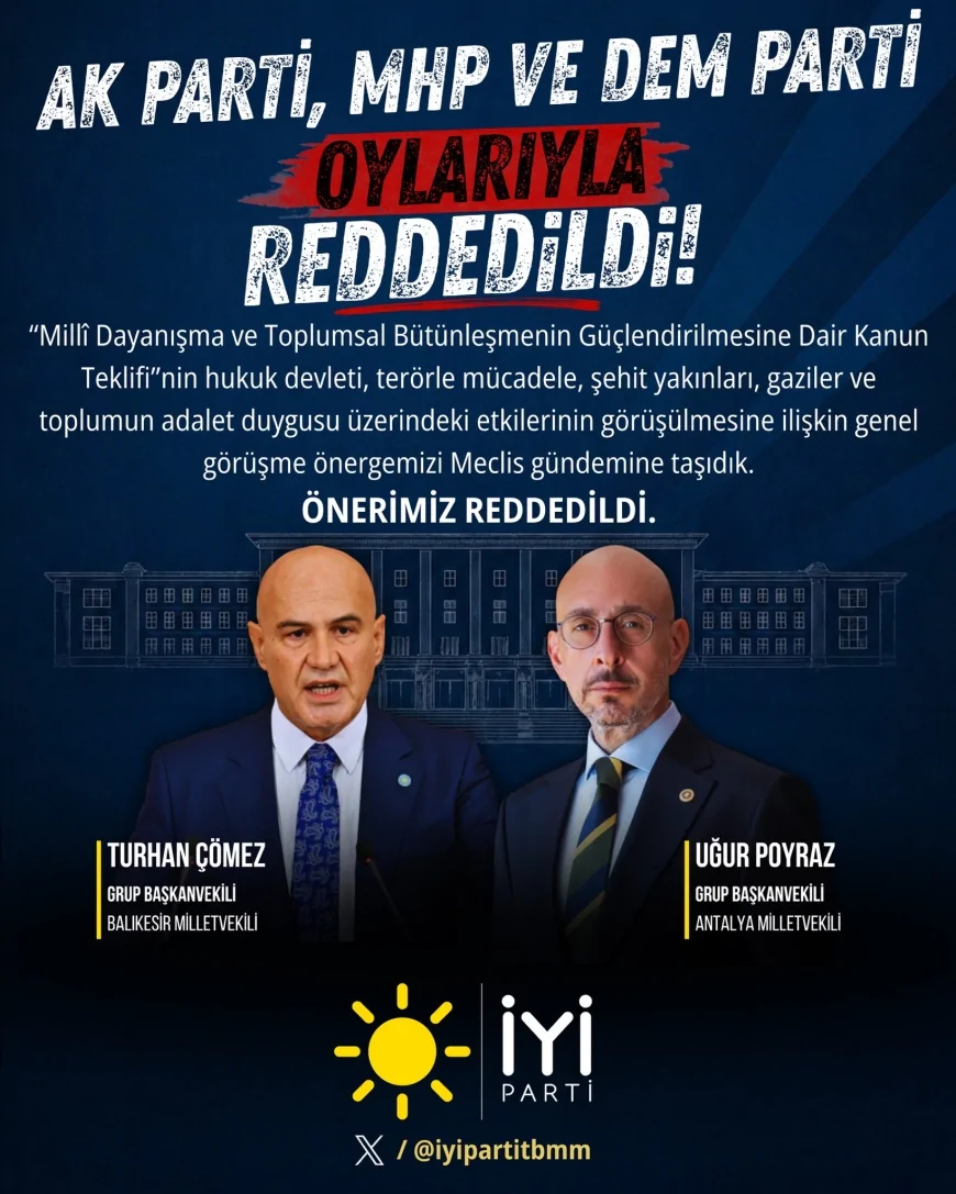 İYİ Parti Grup Başkanvekilleri Uğur Poyraz ve Turhan Çömez'in iade talebi AK Parti, MHP ve DEM Parti oylarıyla reddedildi