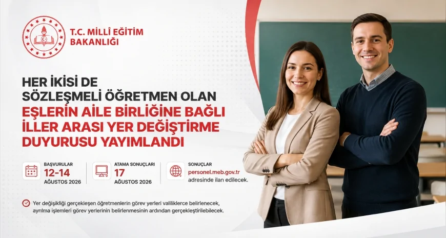MEB, Her İkisi de Sözleşmeli Öğretmen Olan Eşlerin İller Arası Yer Değiştirme Duyurusunu Yayımladı