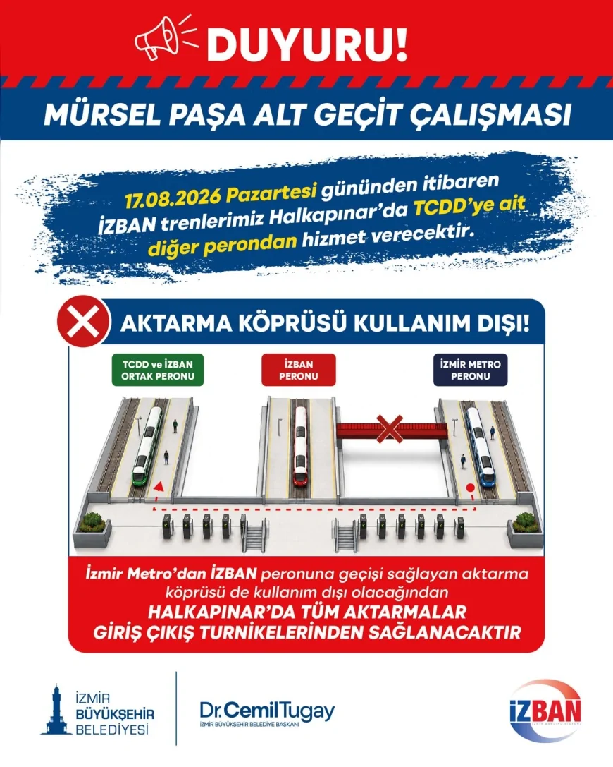 İzmir Büyükşehir Belediyesi Halkapınar İstasyonu’nda Mürselpaşa çalışmaları nedeniyle geçici düzenlemeye gidiyor