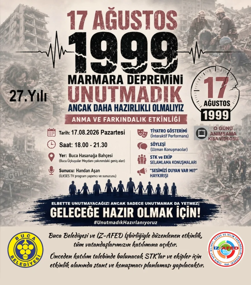 İzmir’de 17 Ağustos Marmara Depremi’nin 27’nci yılı için afet farkındalık etkinliği düzenlenecek