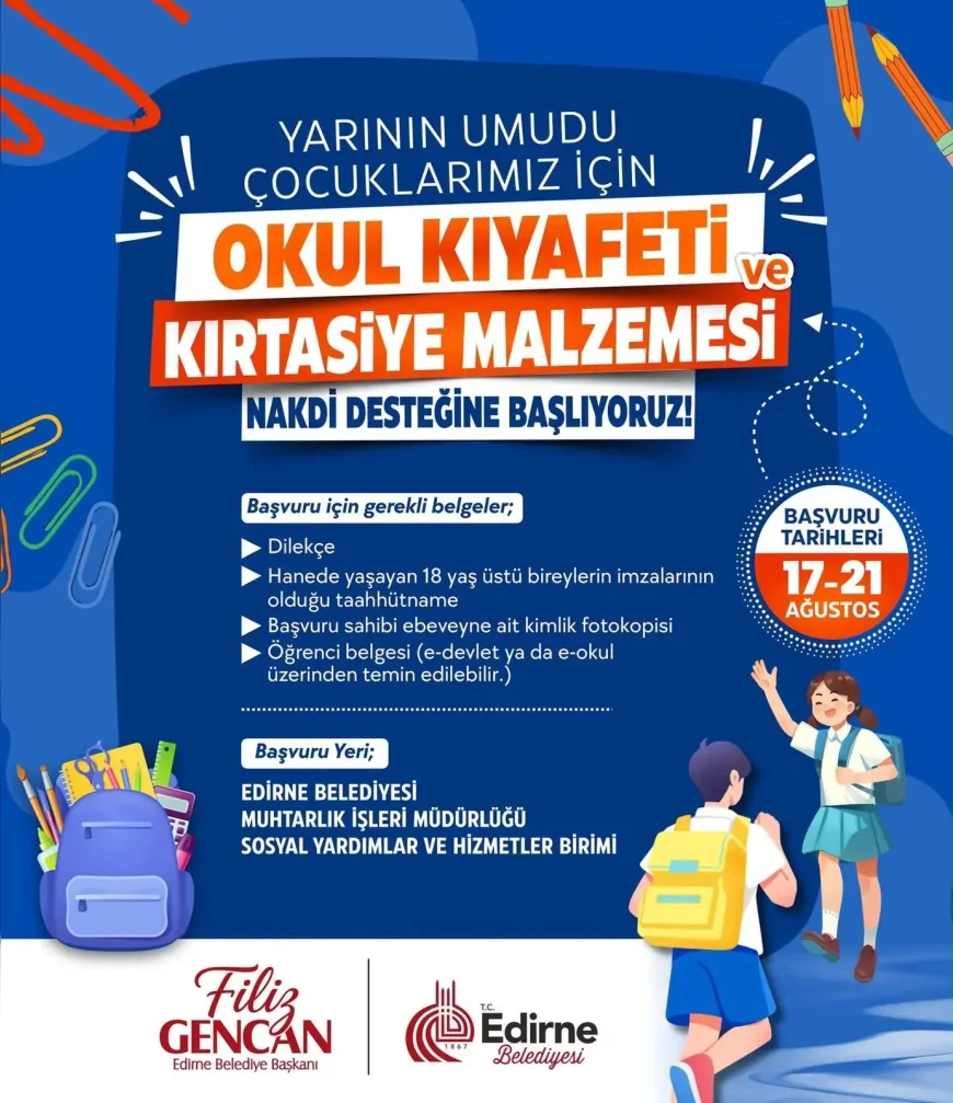 Edirne Belediyesi eğitim desteğinde başvurular 21 Ağustos Cuma günü sona erecek