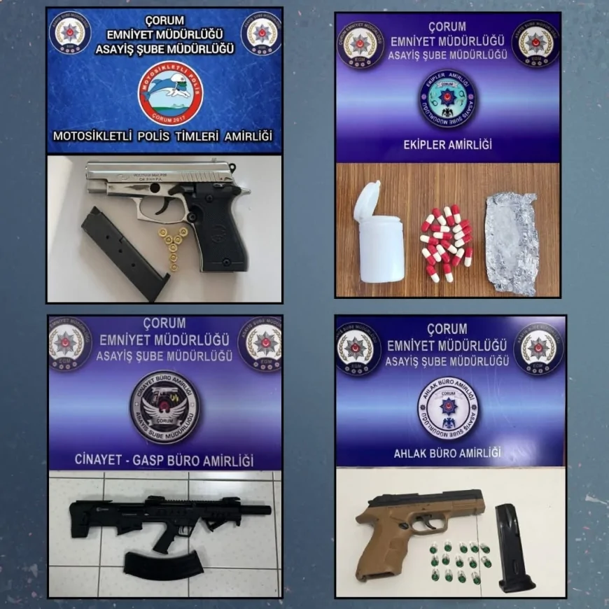 ÇORUM’DA ASAYİŞ UYGULAMASI: 2 BİN 957 ŞAHIS SORGULANDI, UYUŞTURUCU VE SİLAHLAR ELE GEÇİRİLDİ
