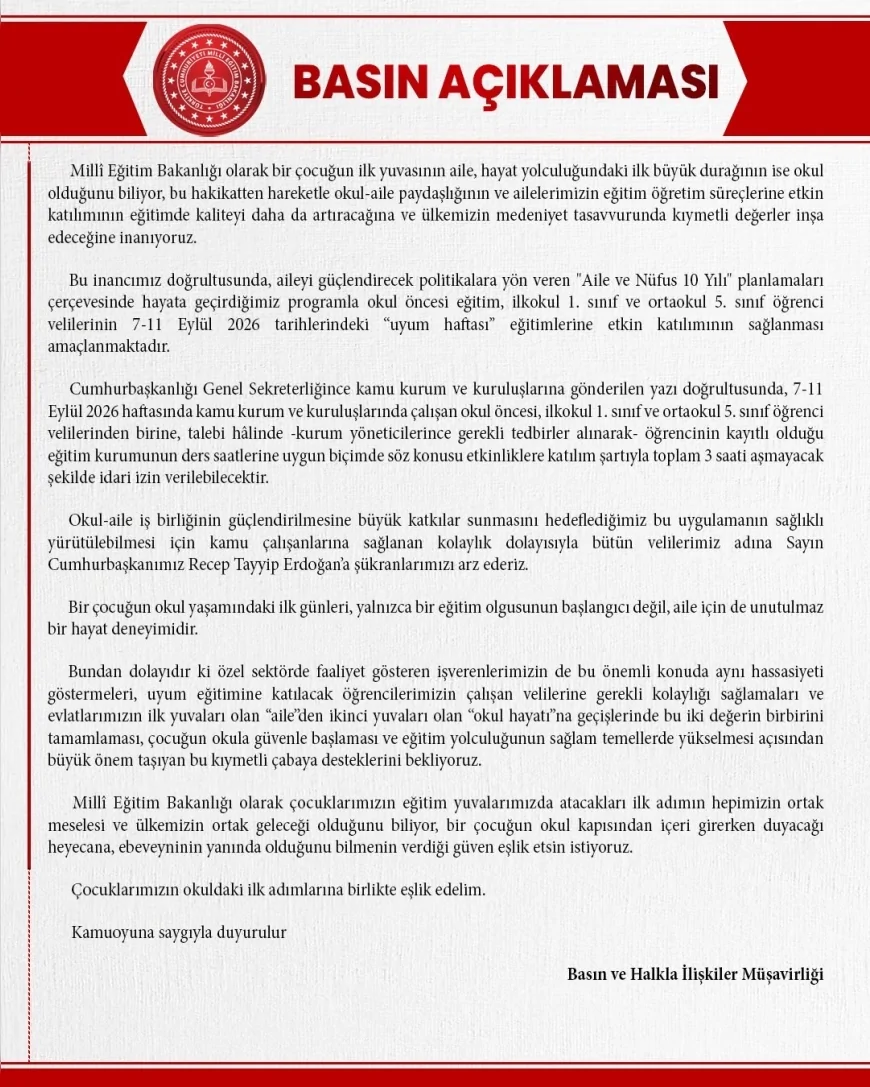 Millî Eğitim Bakanlığı: “Çocuklarımızın okuldaki ilk adımlarına birlikte eşlik edelim”