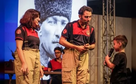 İzmir İtfaiyesi 95. İzmir Enternasyonal Fuarı’nda çocuklara yangın ve depremde doğru davranışı sahnede anlattı