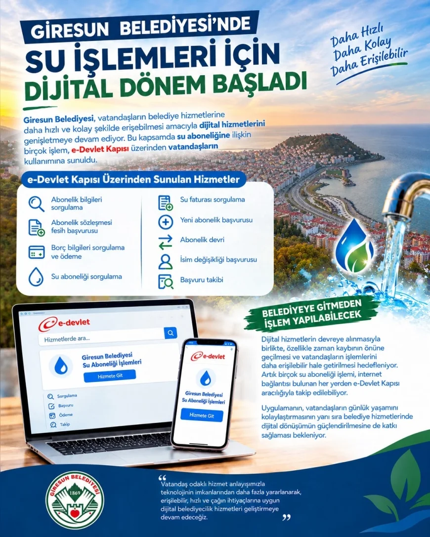 Giresun Belediyesi su aboneliği işlemlerini e-Devlet Kapısı'na taşıdı