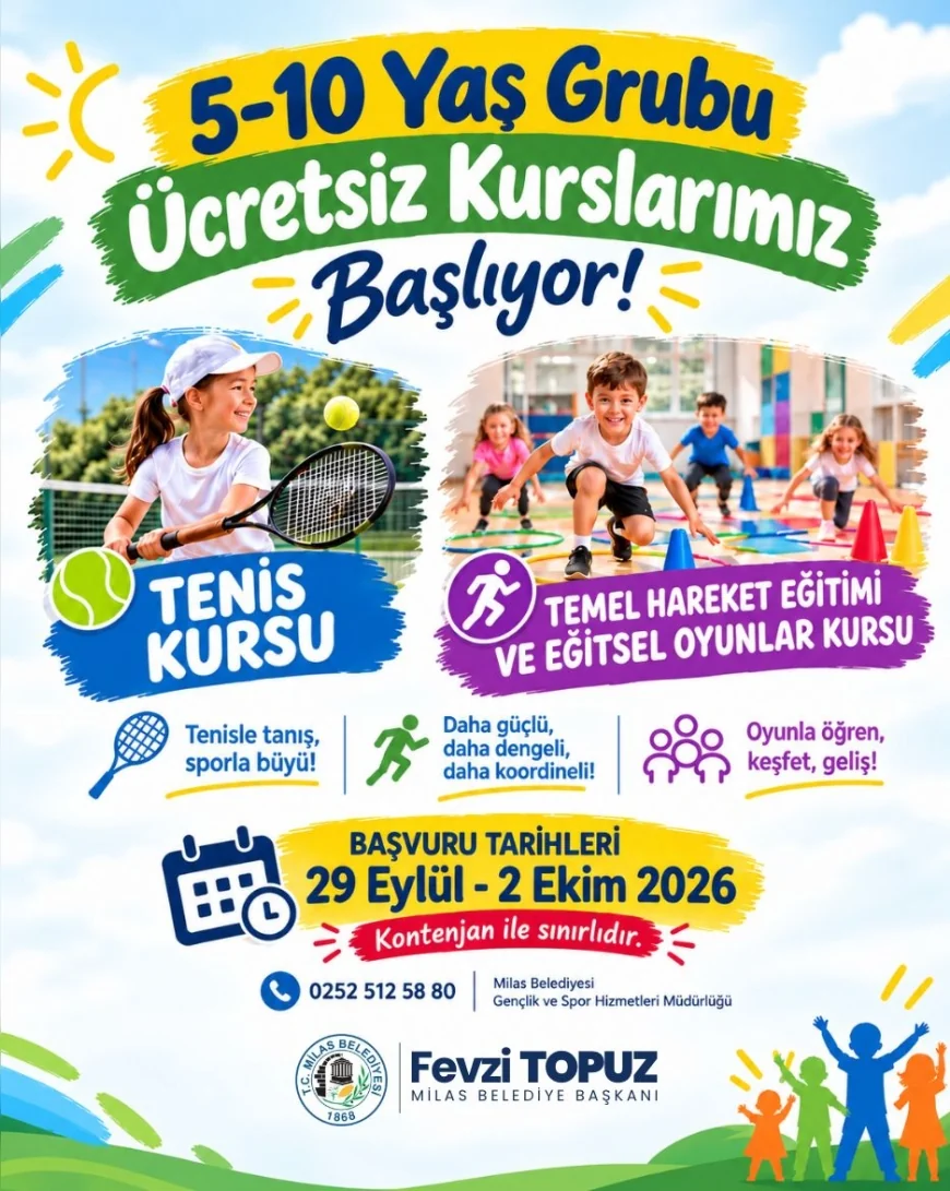Milas Belediyesi çocuklar için ücretsiz tenis ve temel hareket eğitimi kurslarının kayıtlarını başlatıyor
