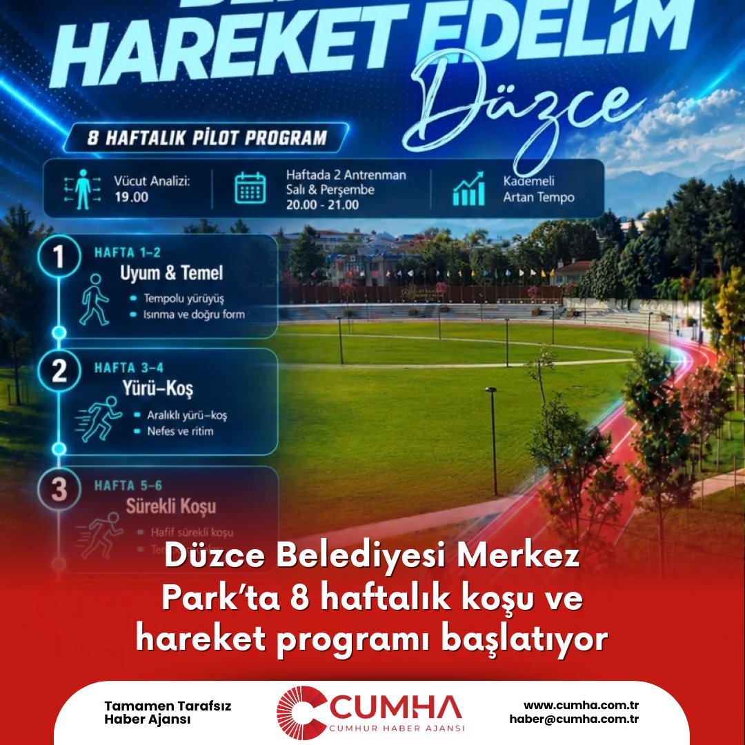 Düzce Belediyesi Merkez Park’ta 8 haftalık koşu ve hareket programı başlatıyor