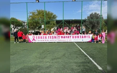 Menderes Belediyesi Kursiyerleri Pembe Kıyafetlerle Sahaya Çıkarak Meme Kanserinde Erken Teşhisin Önemine Dikkat Çekti