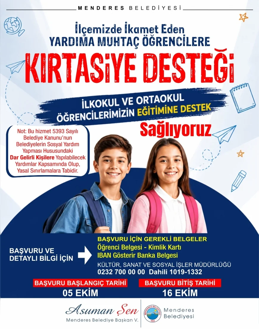 Menderes Belediyesi, İlkokul ve Ortaokul Öğrencilerine Kırtasiye Desteği İçin Başvuruları 5 Ekim’de Başlatıyor