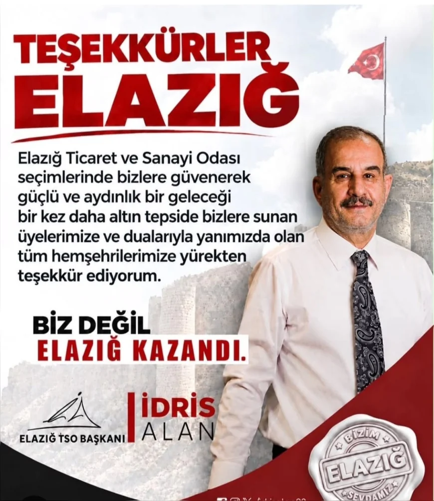 Elazığ Ticaret ve Sanayi Odası seçimlerinde Başkan İdris Alan  büyük fark ile19 meslek grubunun 18’ini kazandı