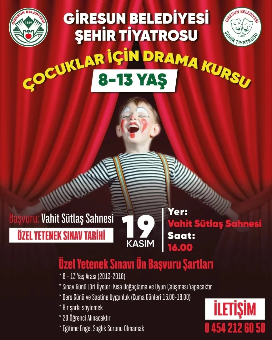 Giresun Belediyesi Şehir Tiyatrosu Gençler İçin Oyunculuk ve Reji Atölyesi, Çocuklar İçin Drama Kursu Açıyor