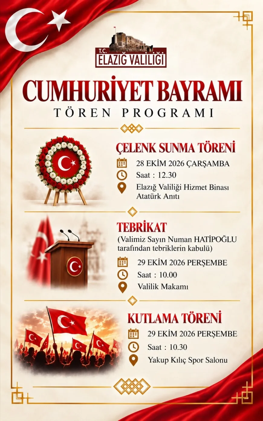 ELAZIĞ VALİLİĞİ 29 EKİM CUMHURİYET BAYRAMI KUTLAMA PROGRAMINI AÇIKLADI
